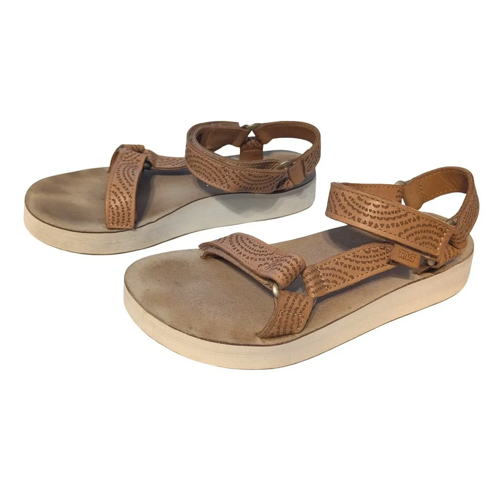 Teva Women's Size 8 Midform Universal Geometric Leather Platform Sandals Tan